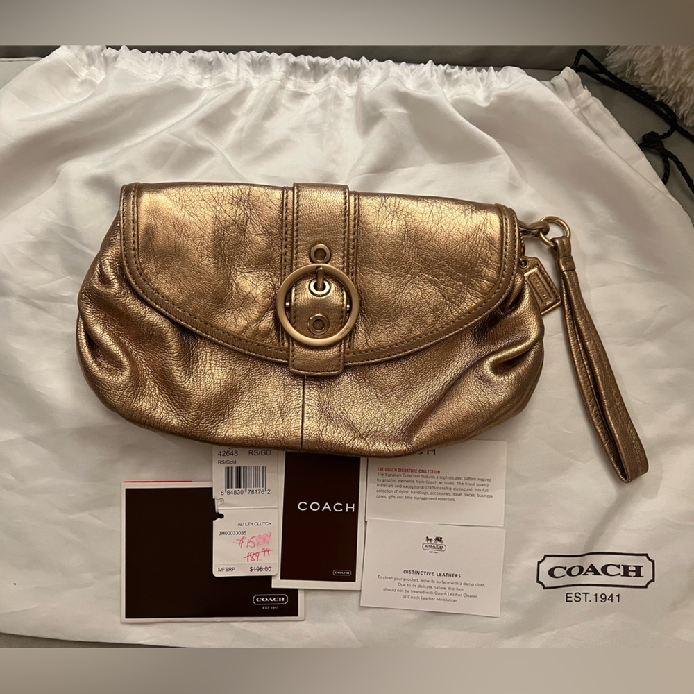 Coach Ali Leather Rose Gold Metallic Wristlet Clutch.